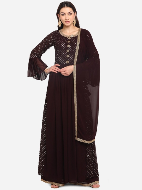 

BOMBAY SELECTIONS Women Maroon & Gold-Toned Embroidered Kurta with Churidar & Dupatta