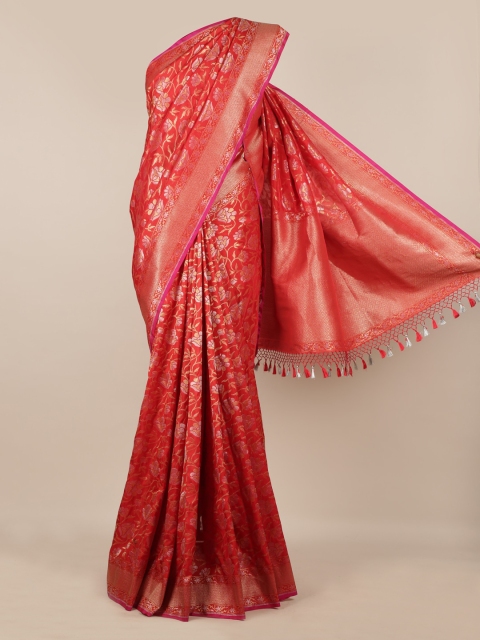 

Pothys Red & Gold-Toned Pure Silk Woven Design Banarasi Saree With Tasseled Pallu