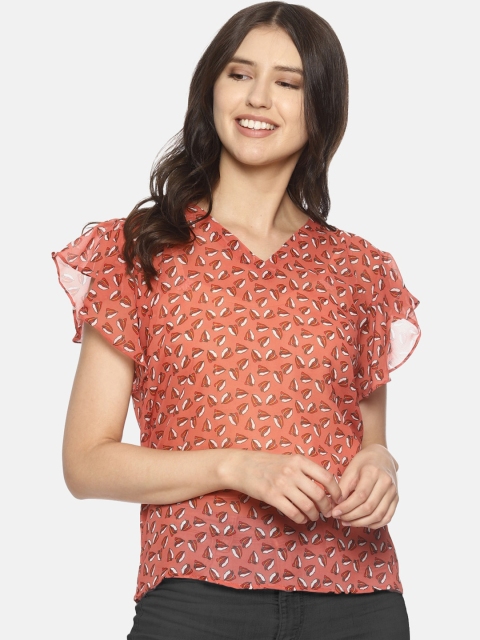 

COUPER & COLL Peach-Coloured Printed Crepe Regular Top