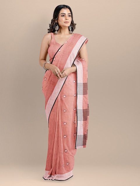 BharatSthali Peach-Coloured & Black Pure Cotton Woven Design Maheshwari Handloom Saree
