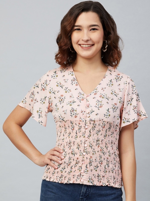 

Marie Claire Women Pink Floral Printed Flared Sleeves Cinched Waist Top