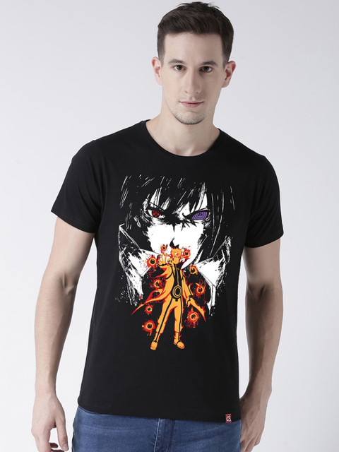 

ComicSense.xyz Men Black Naruto Sasuke Printed Round Neck T-shirt
