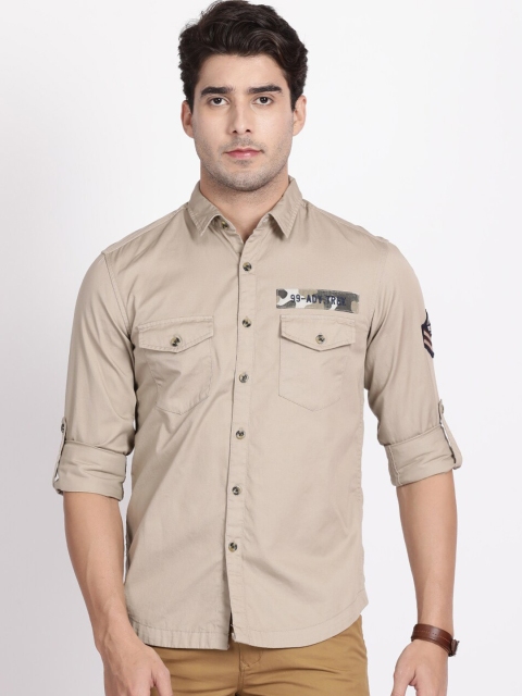 

t-base Men Beige Slim Fit Solid Casual Cotton Shirt