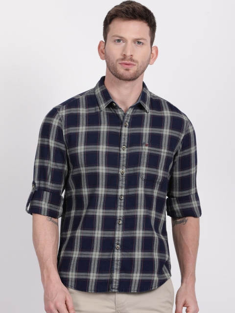 

t-base Men Navy Blue Slim Fit Checked Casual Cotton Shirt