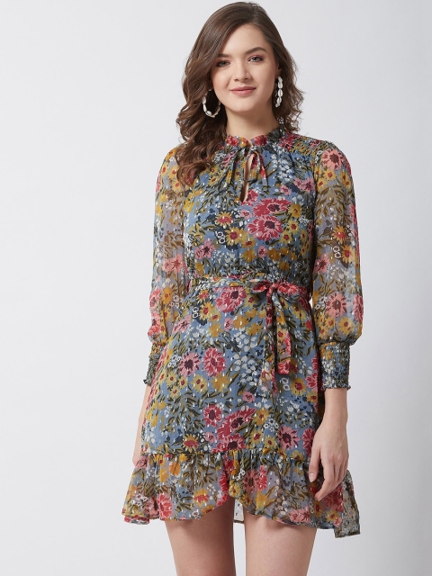 

MAGRE Women Blue Printed Fit and Flare Dress