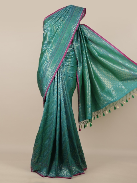 

Pothys Green & Gold-Toned Pure Silk Woven Design Banarasi Saree With Tasseled Pallu