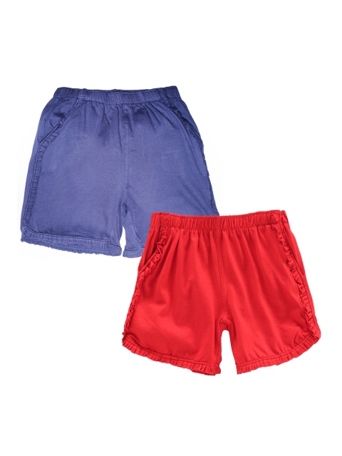 

KiddoPanti Girls Pack Of 2 Blue & Red Solid Regular Fit Hot Pants