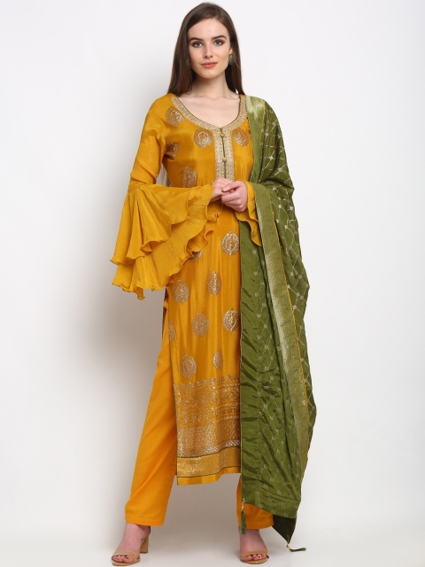 

Stylee LIFESTYLE Mustard Yellow & Green Cotton Blend Unstitched Dress Material
