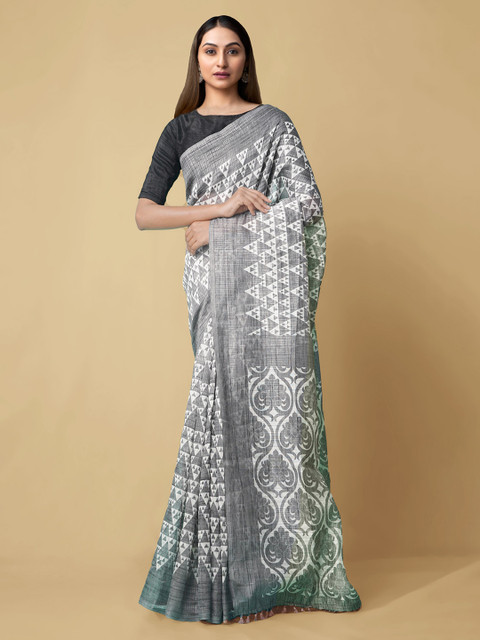 

Unnati Silks Cream-Coloured Linen Blend Printed Jamdani Saree