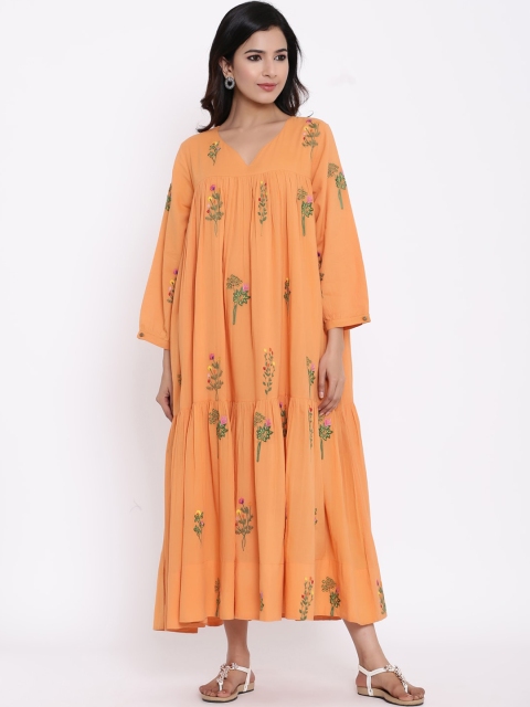 

VRISA Women Orange Printed Maxi Dress