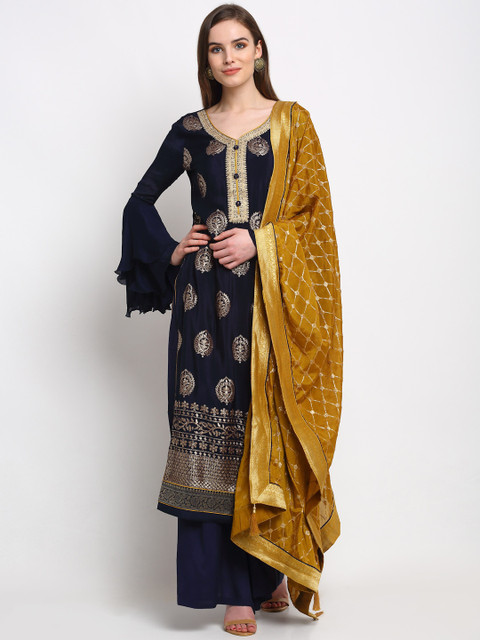 

Stylee LIFESTYLE Navy Blue & Mustard Cotton Blend Unstitched Dress Material