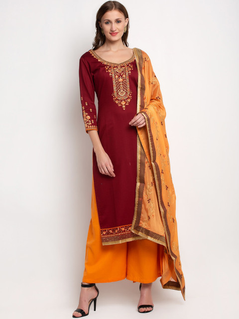 

Stylee LIFESTYLE Maroon & Orange Silk Blend Unstitched Dress Material
