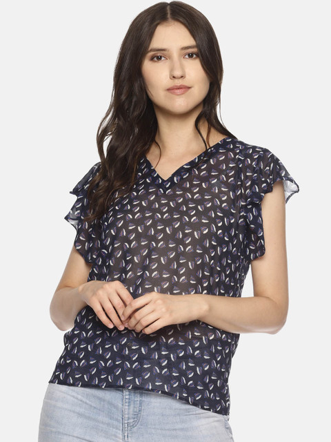 

COUPER & COLL Navy Blue Printed Crepe Regular Top
