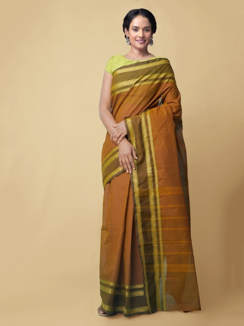

Unnati Silks Brown & Green Pure Cotton Solid Chettinad Saree