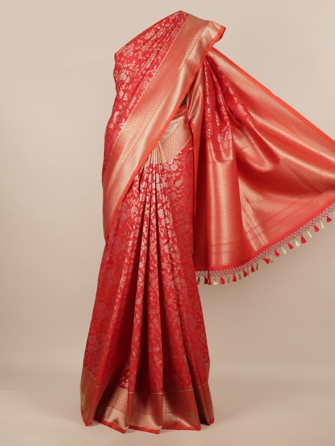 

Pothys Red & Gold-Toned Pure Silk Woven Design Banarasi Saree With Tasseled Pallu