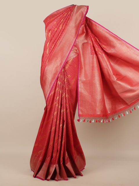 

Pothys Red & Gold-Toned Pure Silk Woven Design Banarasi Saree With Tasseled Pallu