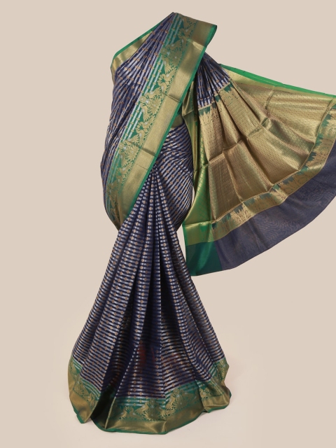 Pothys Navy Blue & Gold-Toned Art Silk Striped Saree