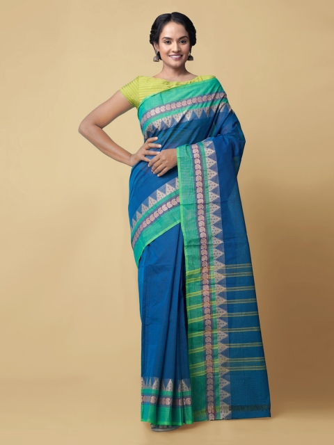

Unnati Silks Blue & Sea Green Pure Cotton Solid Chettinad Handloom Saree