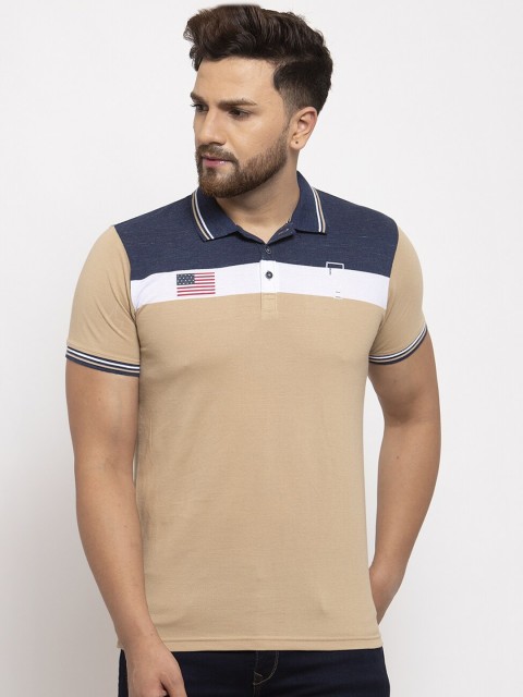 

UNICOPS Men Beige Colourblocked Polo Collar T-shirt