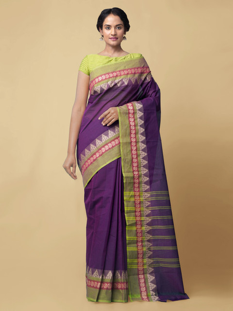 

Unnati Silks Purple & Green Pure Cotton Solid Chettinad Saree