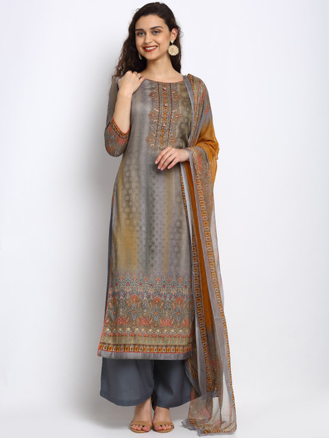 

Stylee LIFESTYLE Grey & Mustard Silk Blend Unstitched Dress Material