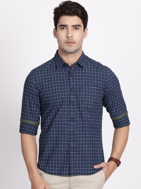 

t-base Men Navy Blue Slim Fit Checked Casual Cotton Shirt