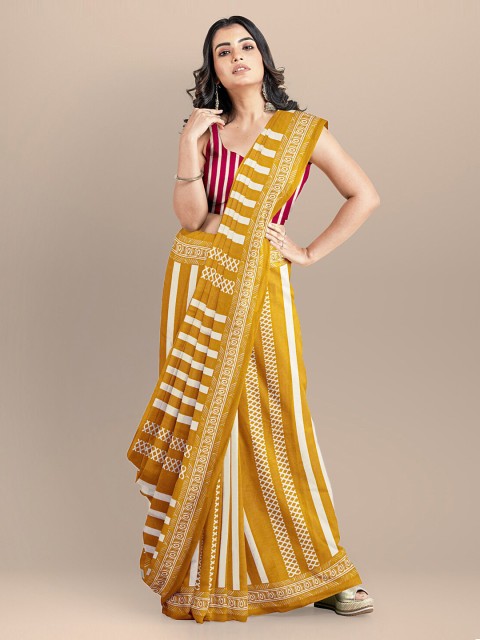 

BharatSthali Mustard Yellow & White Pure Cotton Striped Block Print Handloom Saree
