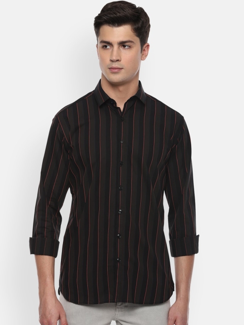 

V Dot Men Grey & Black Slim Fit Striped Casual Shirt