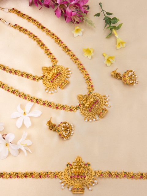 

Alankruthi Gold-Plated Pink & Green Stone-Studded & Beaded Temple Jewellery Set