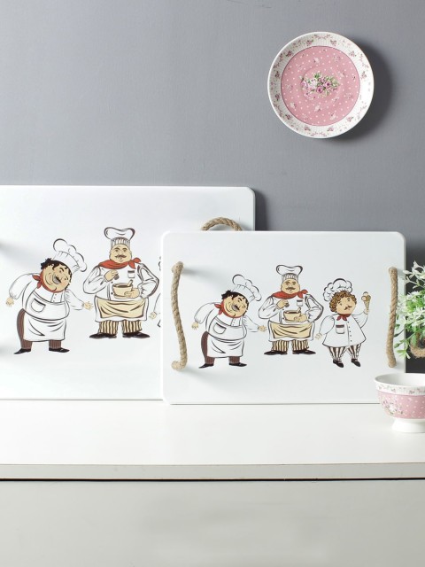 

A Vintage Affair- Home Decor Set of 2 White & Brown Cute Chef Serving Trays