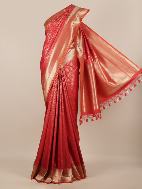 

Pothys Red & Gold-Toned Pure Silk Woven Design Banarasi Saree With Tasseled Pallu