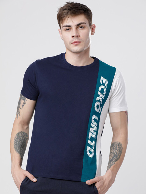 

Ecko Unltd Men Navy Blue & White Brand Logo Printed Round Neck T-shirt