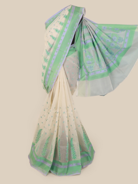 

Pothys Cream-Coloured & Green Art Silk Embroidered Saree