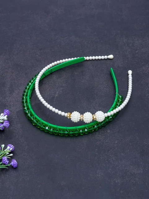 

Golden Peacock Green & White Set of 2 Beaded Hairband