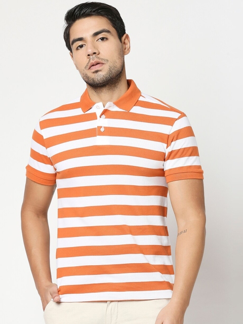 

Bewakoof Men Orange & White Striped Polo Collar Cotton T-shirt