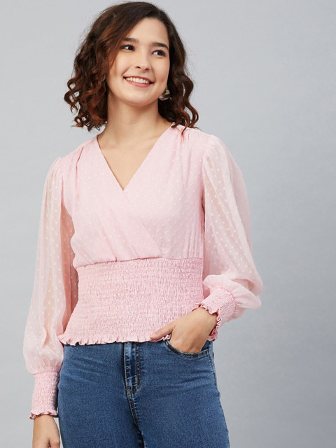 

Marie claire pink puff sleeves chiffon wrap top