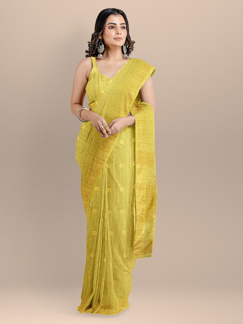 

BharatSthali Green & Gold-Coloured Silk Cotton Woven Design Mangalagiri Handloom Saree