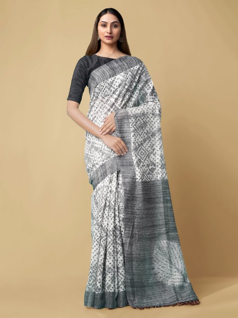 

Unnati Silks Off-White Linen Blend Printed Jamdani Saree