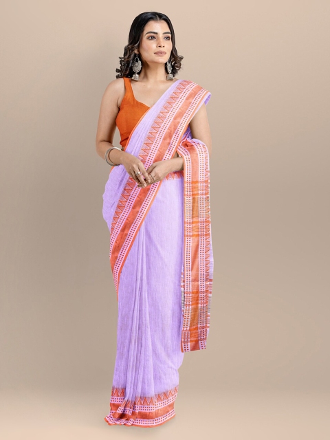 

BharatSthali Lavender & Orange Pure Cotton Striped Maheshwari Saree