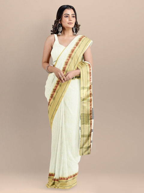 

BharatSthali Off-White & Red Silk Cotton Solid Maheshwari Handloom Saree