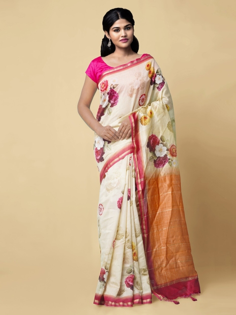 

Unnati Silks White & Orange Silk Cotton Printed Handloom Chanderi Saree