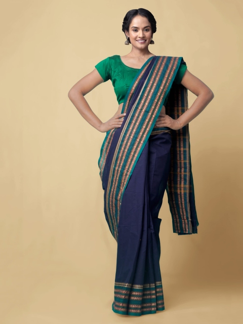 

Unnati Silks Blue Pure Cotton Solid Kanjeevaram Saree