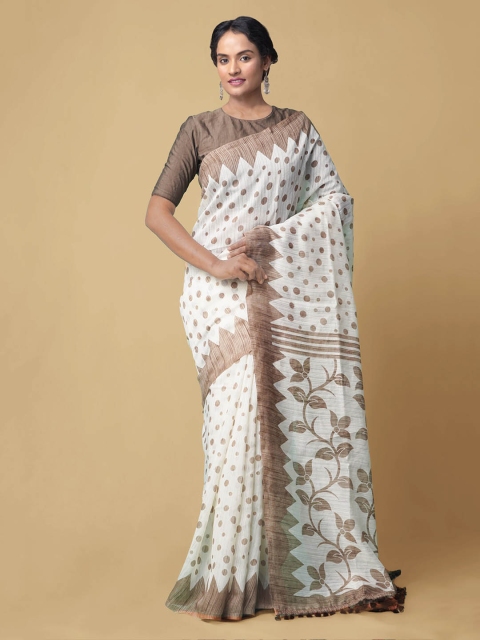 

Unnati Silks Cream-Coloured Linen Blend Printed Jamdani Saree