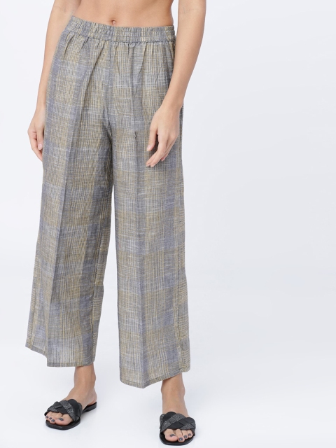 

Vishudh Women Grey & Cream-Coloured Checked Straight Palazzos