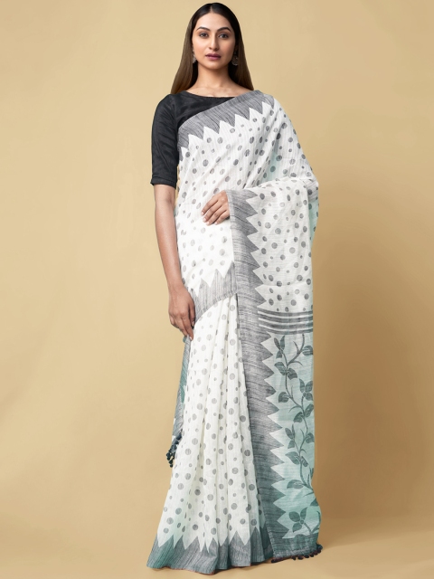 

Unnati Silks Cream-Coloured Linen Blend Printed Jamdani Saree