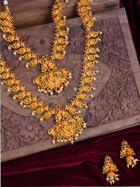 

Alankruthi Gold-Plated Pink & Green Stone-Studded Temple Jewellery Set
