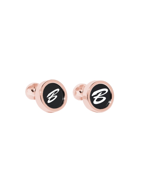 

Blacksmith Rose Gold-Plated White & Black Round Alphabet B Printed Cufflinks
