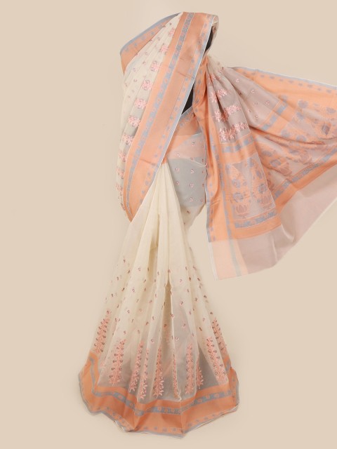 

Pothys Cream-Coloured & Peach-Coloured Supernet Printed Saree