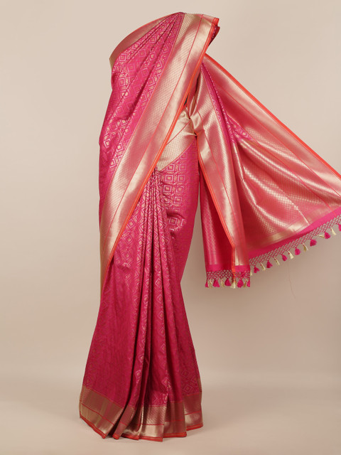 

Pothys Pink & Gold-Toned Pure Silk Woven Design Banarasi Saree With Tasseled Pallu