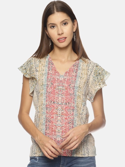 

COUPER & COLL Cream-coloured & Pink Printed Crepe Regular Top